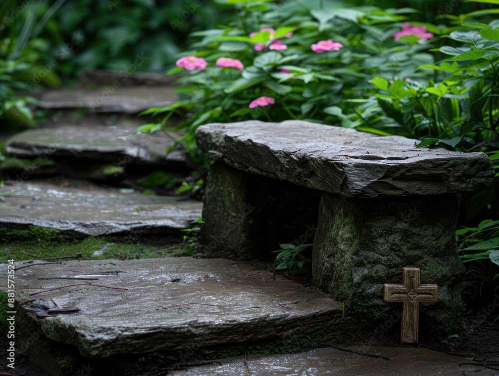 Peaceful garden path with stone cross Peaceful garden path with stone cross