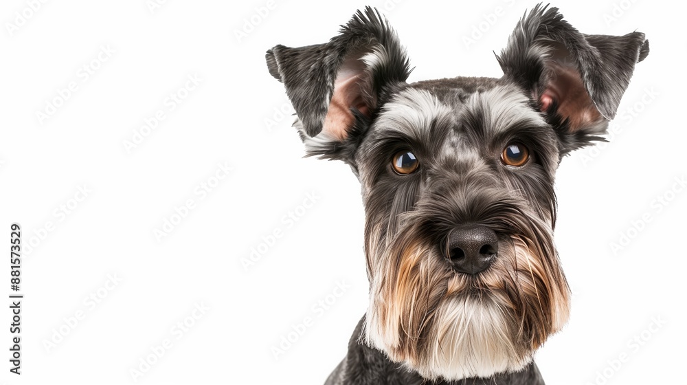 A close-up headshot of a Miniature Schnauzer on a white background, showcasing its expressive eyes, dog, fluffy fur, friendly, cute, mans best friend A close-up headshot of a Miniature Schnauzer on a white background, showcasing its expressive eyes, dog, fluffy fur, friendly, cute, mans best friend