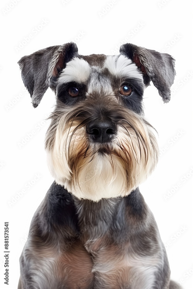 A close-up headshot of a Miniature Schnauzer on a white background, showcasing its expressive eyes, dog, fluffy fur, friendly, cute, mans best friend A close-up headshot of a Miniature Schnauzer on a white background, showcasing its expressive eyes, dog, fluffy fur, friendly, cute, mans best friend