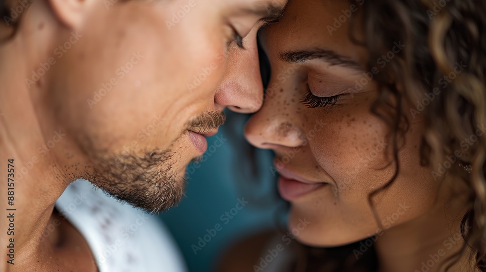 Closeup of a couples faces touching, eyes closed, serene expression, Love, Relationship Closeup of a couples faces touching, eyes closed, serene expression, Love, Relationship