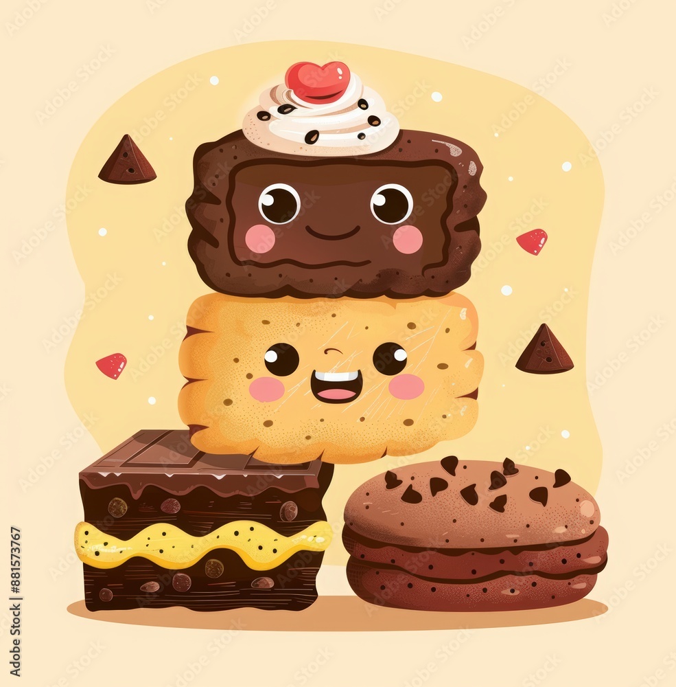 National Chocolate Chip Cookie Day. World chocolate day poster design with cute cookie and brownie characters. cartoon cookie and melting milk cream background National Chocolate Chip Cookie Day. World chocolate day poster design with cute cookie and brownie characters. cartoon cookie and melting milk cream background
