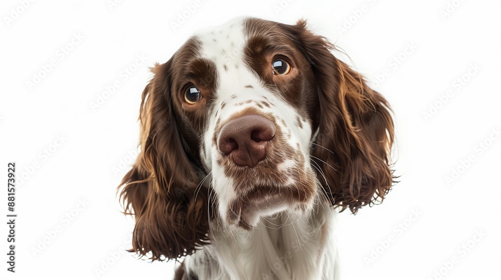 A close-up headshot of a English Springer_Spaniel on a white background, showcasing its expressive eyes, dog, fluffy fur, friendly, cute, mans best friend A close-up headshot of a English Springer_Spaniel on a white background, showcasing its expressive eyes, dog, fluffy fur, friendly, cute, mans best friend