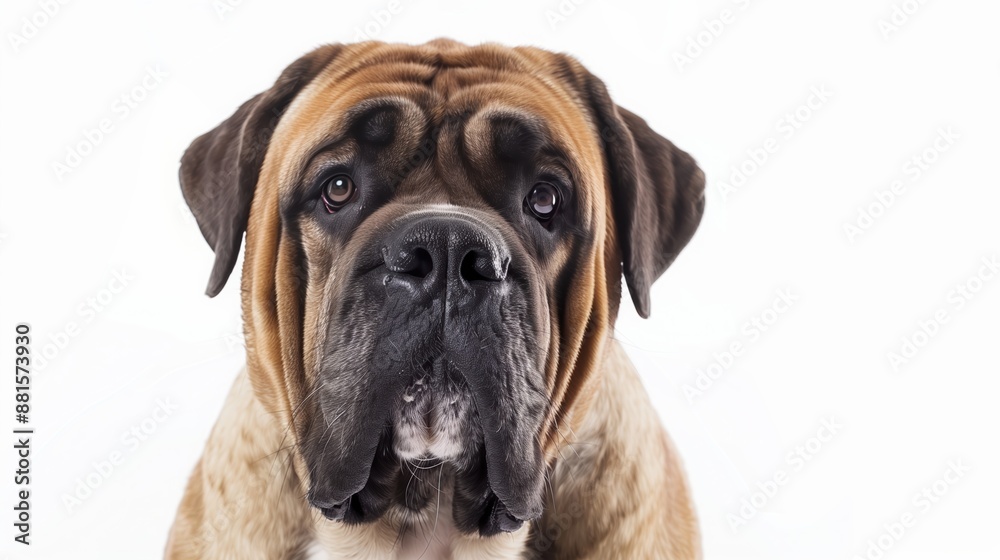 A close-up headshot of a Mastiff on a white background, showcasing its expressive eyes, dog, fluffy fur, friendly, cute, mans best friend A close-up headshot of a Mastiff on a white background, showcasing its expressive eyes, dog, fluffy fur, friendly, cute, mans best friend