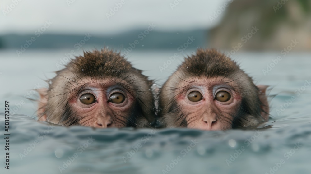Fototapeta premium two curious snow monkeys in hot spring