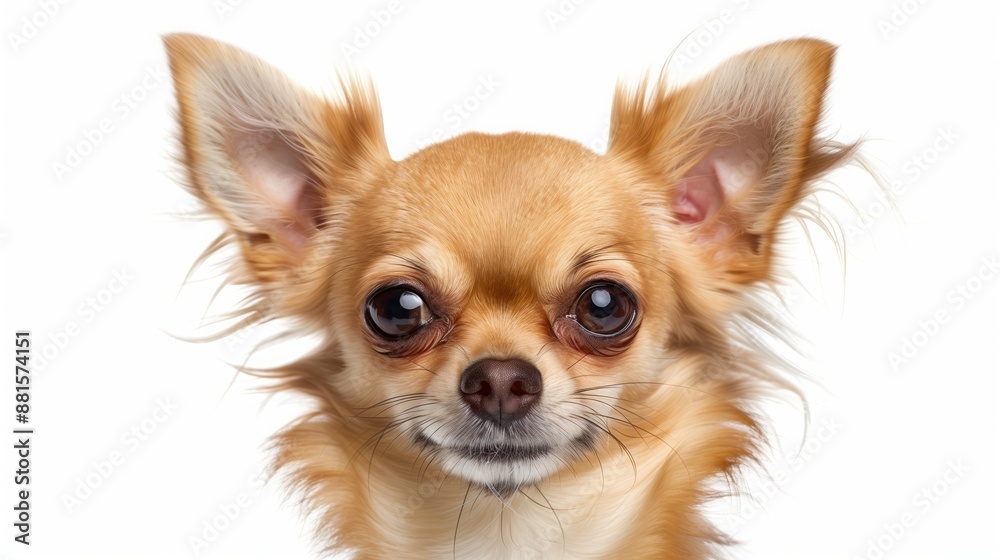 A close-up headshot of a Chihuahua on a white background, showcasing its expressive eyes, dog, fluffy fur, friendly, cute, mans best friend A close-up headshot of a Chihuahua on a white background, showcasing its expressive eyes, dog, fluffy fur, friendly, cute, mans best friend