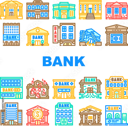 bank building business finance icons set vector. city office, government financial, money architecture, cityscape urban house bank building business finance color line illustrations