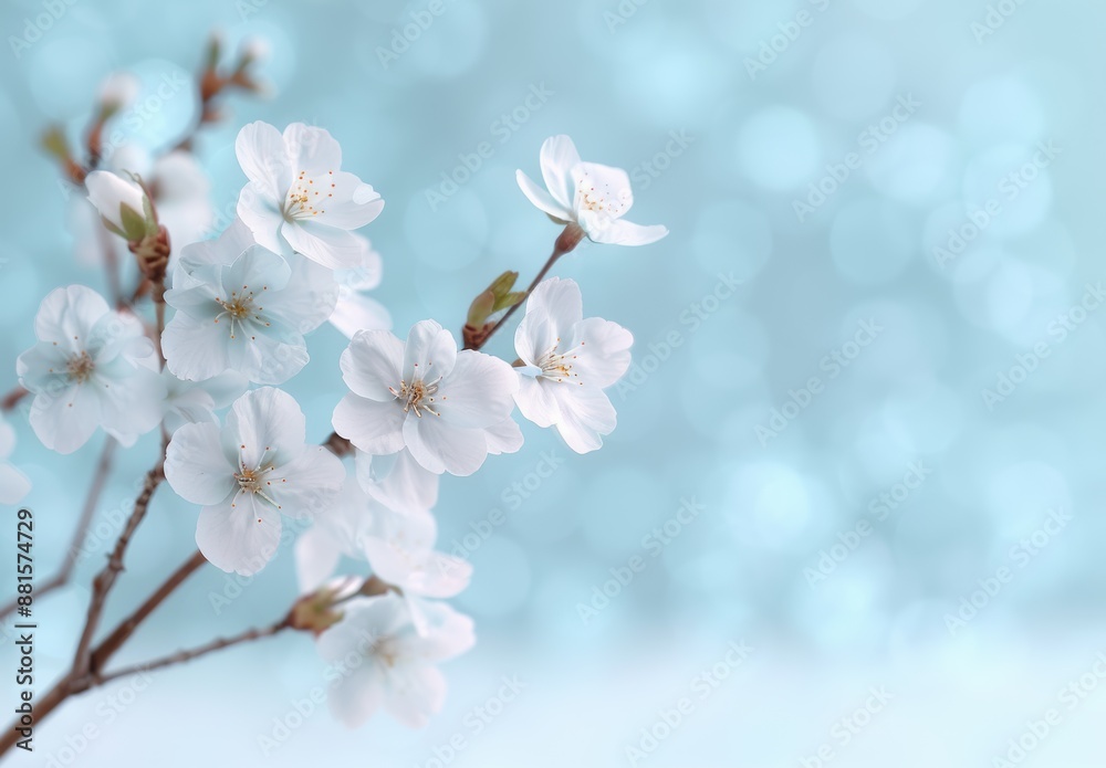 Delicate white cherry blossoms against a soft blue background Delicate white cherry blossoms against a soft blue background
