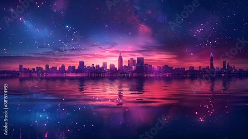 Cityscape with Vibrant Purple and Pink Sunset and Stars