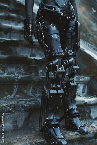 A futuristic scene depicting a bionic suit designed for human augmentation, with advanced robotics and powered technology, emphasizing the role of exoskeletons in wearable assistance and mobility aid photo