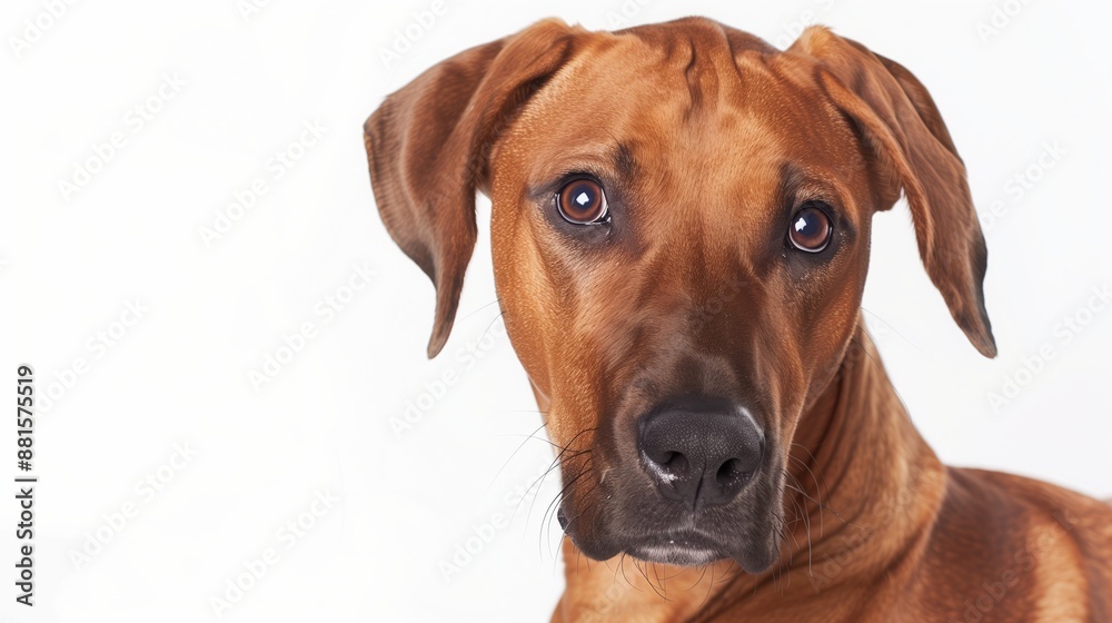 A close-up headshot of a Rhodesian Ridgeback on a white background, showcasing its expressive eyes, dog, fluffy fur, friendly, cute, mans best friend A close-up headshot of a Rhodesian Ridgeback on a white background, showcasing its expressive eyes, dog, fluffy fur, friendly, cute, mans best friend