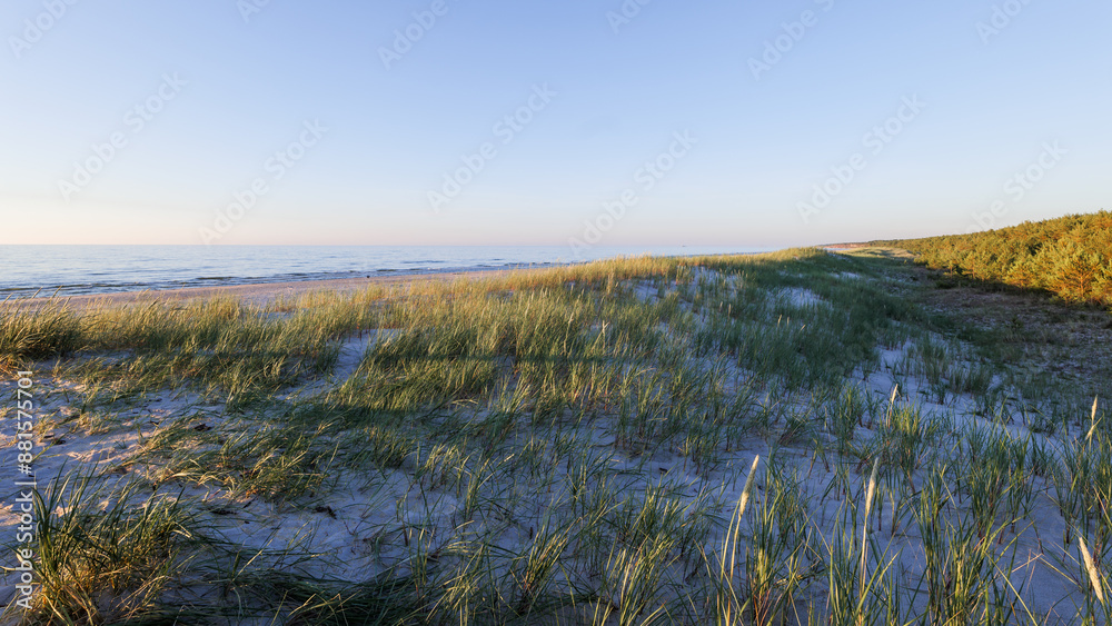 A beautiful beach on the Baltic Sea with dunes covered with grass. Golden hour. Slajszewo, Poland