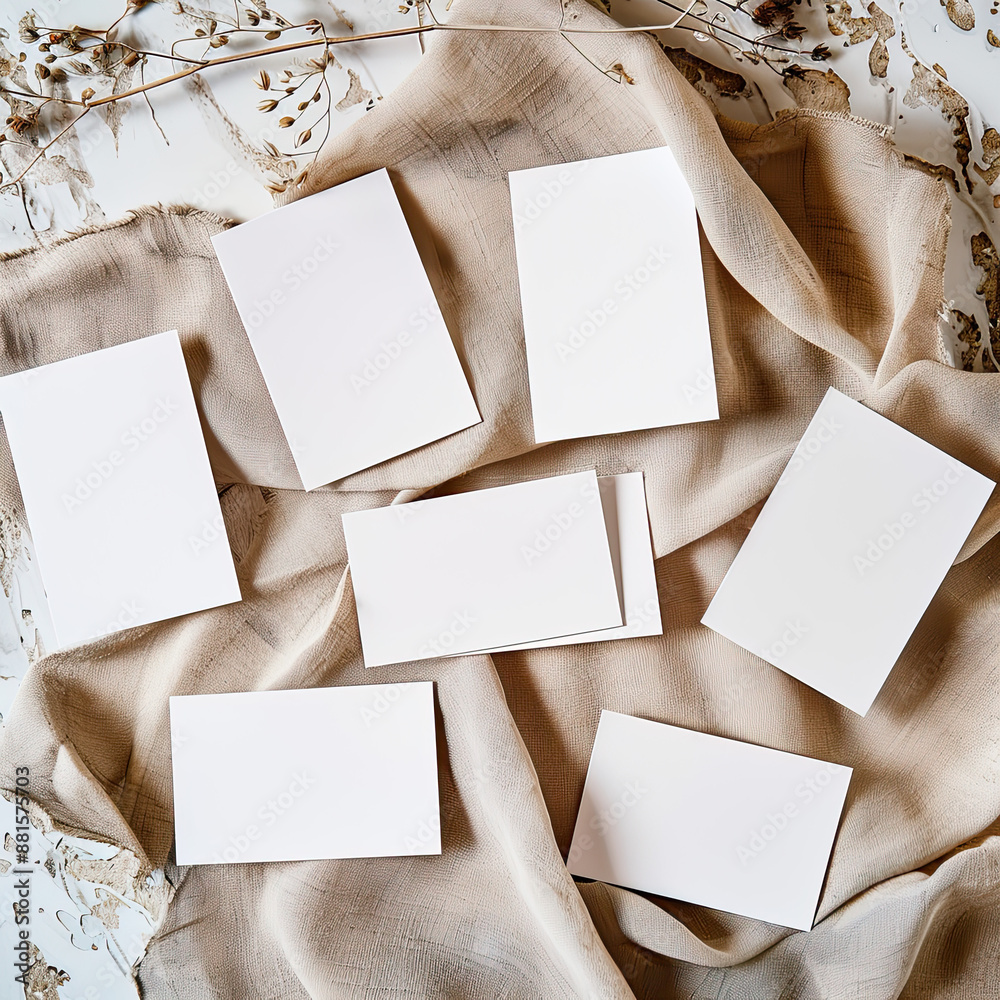 Wedding flat lay composition with blank paper card mockup, silk ribbon, envelopes, gypsophila flowers on linen tablecloth. Wedding invitation card design Wedding flat lay composition with blank paper card mockup, silk ribbon, envelopes, gypsophila flowers on linen tablecloth. Wedding invitation card design