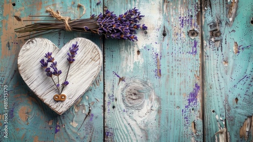 Valentine s Day card with rustic display of wooden heart and lavender on vintage background photo