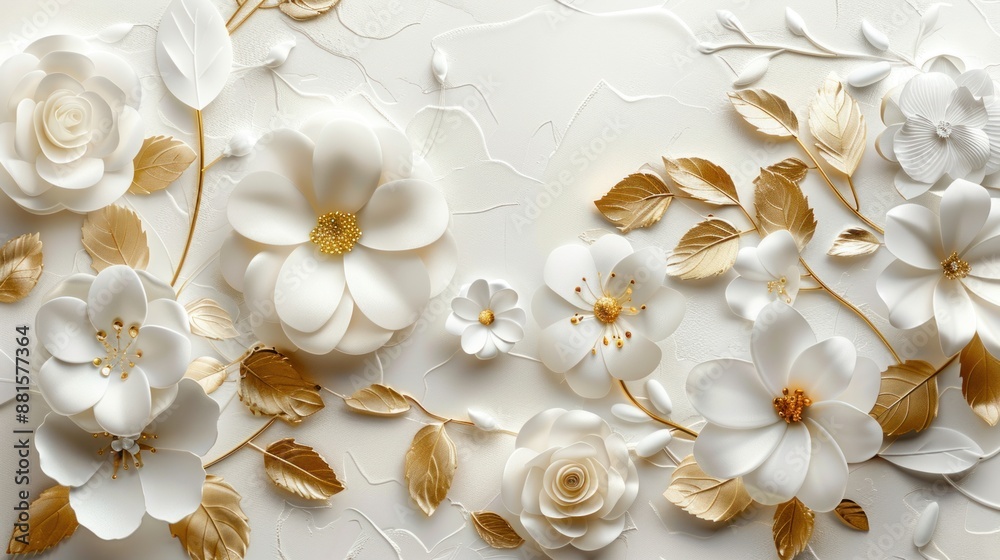 White Paper Flowers with Golden Leaves White Paper Flowers with Golden Leaves