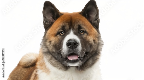 A close-up headshot of a Akita on a white background, showcasing its expressive eyes, dog, fluffy fur, friendly, cute, mans best friend