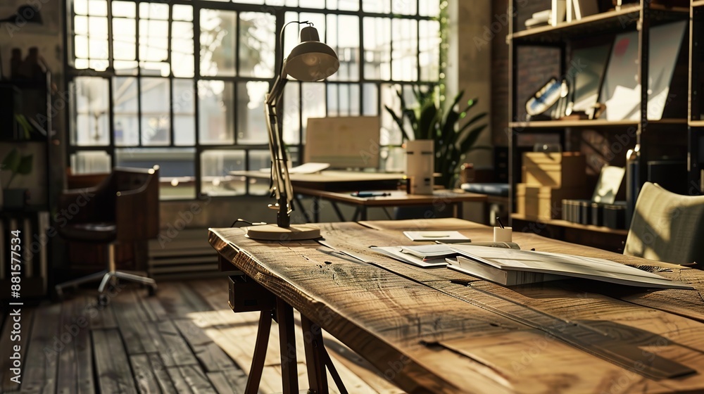 Industrial Style Office with Windows and Wooden Table in Foreground