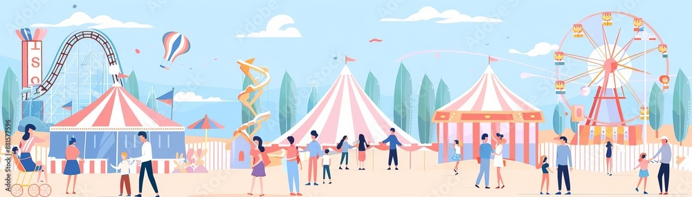 Amusement park, rides and attractions, families having fun, flat design illustration Amusement park, rides and attractions, families having fun, flat design illustration