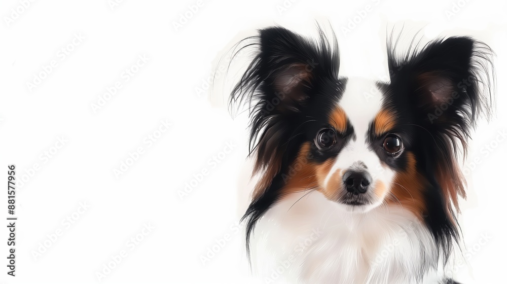 A close-up headshot of a Papillon on a white background, showcasing its expressive eyes, dog, fluffy fur, friendly, cute, mans best friend A close-up headshot of a Papillon on a white background, showcasing its expressive eyes, dog, fluffy fur, friendly, cute, mans best friend