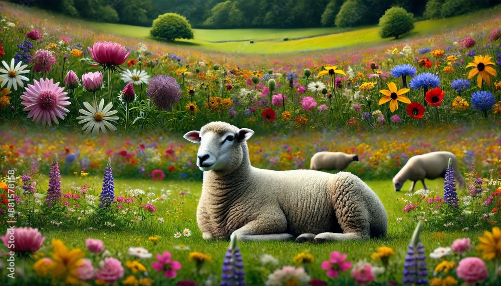 Φωτογραφία A sheep standing or lying in a meadow filled with colorful wildflowers in a detailed, focused, and well-setup scene
