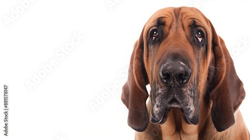 A close-up headshot of a Bloodhound on a white background, showcasing its expressive eyes, dog, fluffy fur, friendly, cute, mans best friend © Quant Media