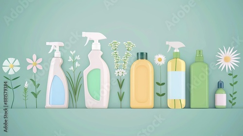 Green cleaning, ecofriendly household products, flat design illustration photo