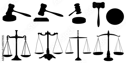 set of silhouettes of judge's gavel and scales of justice.  isolated black silhouette suitable for justice and law themed designs.