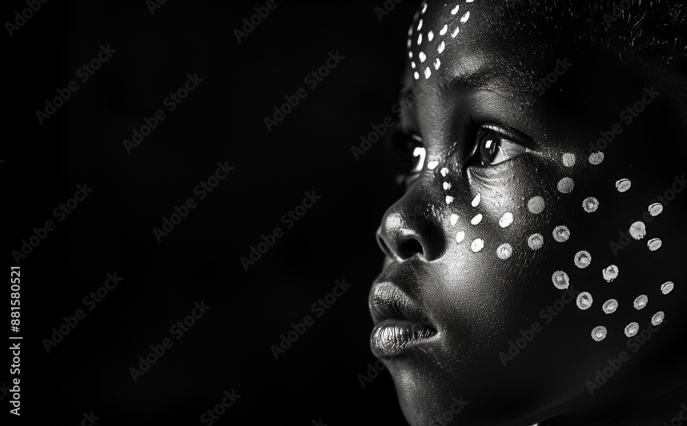 Black and White Portrait of African Child with Traditional Face Paint
