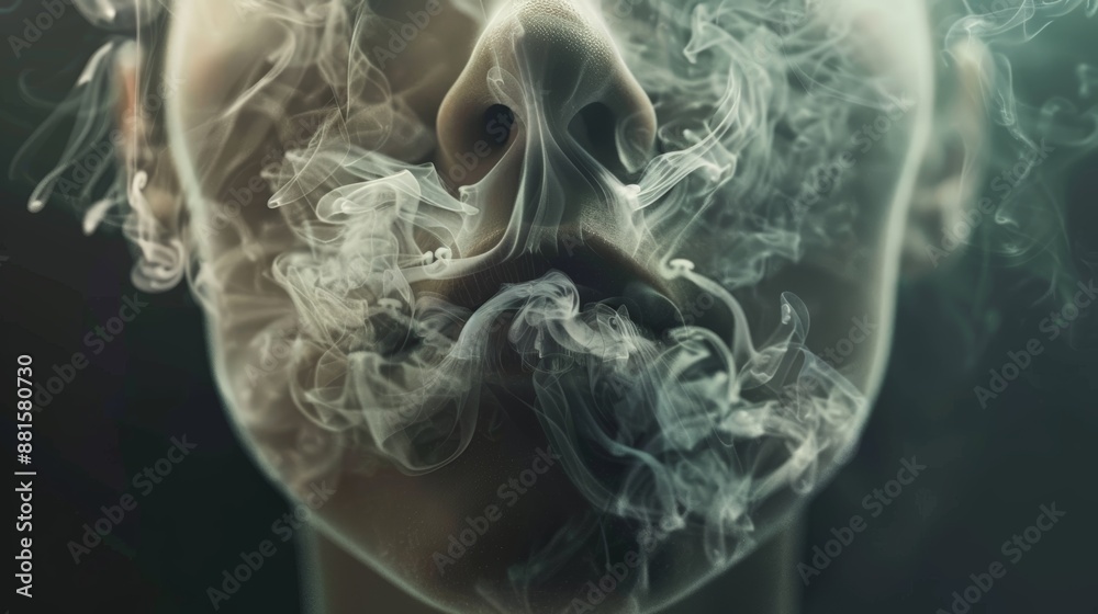 Fototapeta premium A woman's face is covered in smoke, with her nose and mouth covered