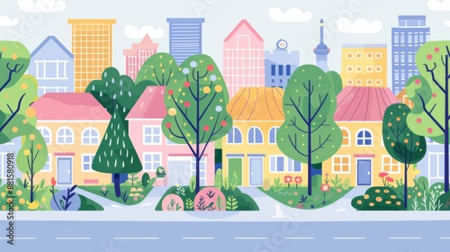 Green infrastructure, rain gardens and permeable pavements, flat design illustration photo