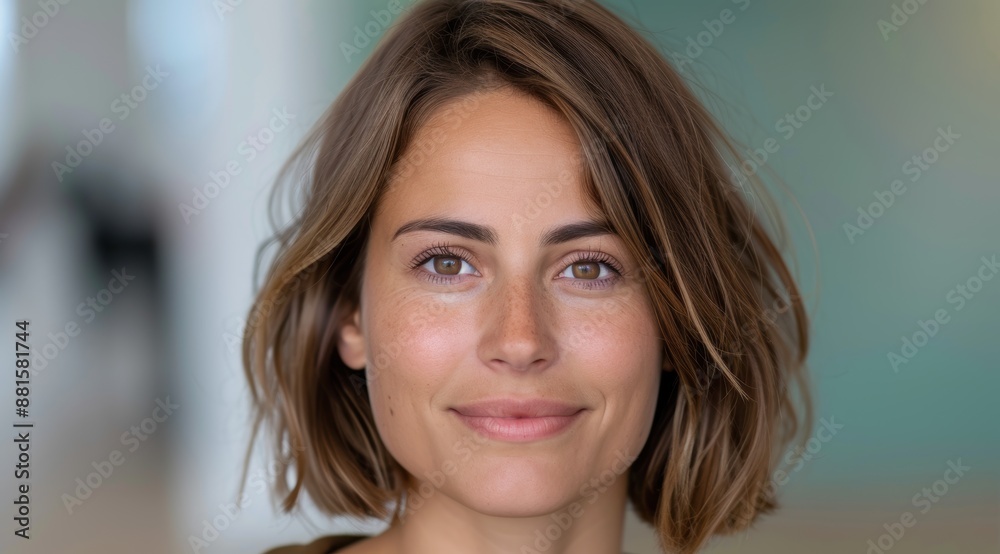 Closeup portrait of a smiling woman with brown hair Closeup portrait of a smiling woman with brown hair