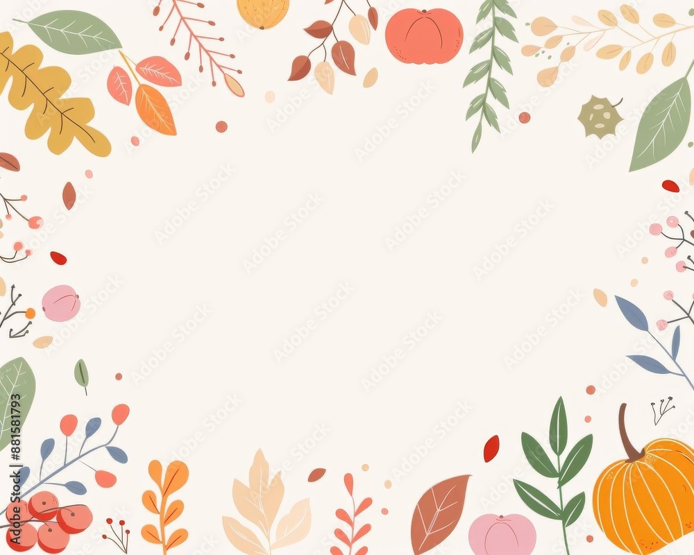 Harvest icons in oak leaf border, flat design illustration Harvest icons in oak leaf border, flat design illustration