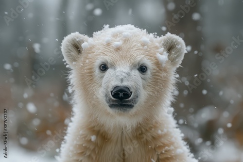 Cute baby polar bear in snow winter