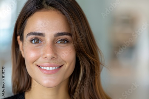 Smiling woman with brown hair and makeup