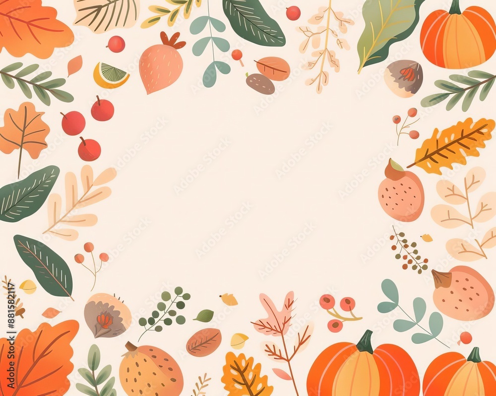 Oak frame with harvest fruits, blank center for text, flat design illustration Oak frame with harvest fruits, blank center for text, flat design illustration