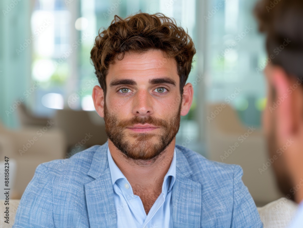 handsome man with curly hair and beard in blue suit handsome man with curly hair and beard in blue suit