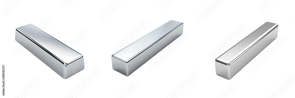 Fototapeta premium Three silver rectangular metal bars isolated on a white background, useful for industrial, construction, or manufacturing design projects.
