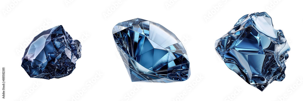 Three rough blue gemstones of different sizes and shapes isolated on a white background, showcasing their natural beauty and unique features. Three rough blue gemstones of different sizes and shapes isolated on a white background, showcasing their natural beauty and unique features.