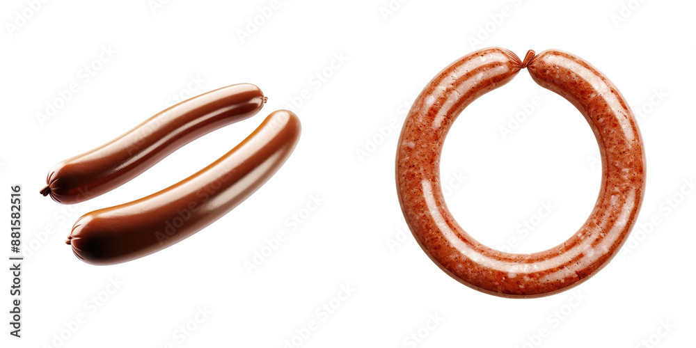 Three delicious sausages, including hot dogs and a sausage ring, isolated on a white background. Perfect for food-related projects. Three delicious sausages, including hot dogs and a sausage ring, isolated on a white background. Perfect for food-related projects.