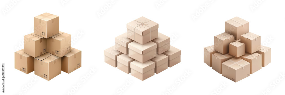 Fototapeta premium Stacked cardboard boxes forming pyramid shapes, isolated on white background. Perfect for logistics, shipping, and packaging concepts.