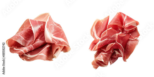 Slices of fresh, cured prosciutto ham isolated on a white background, perfect for adding a gourmet touch to culinary presentations.