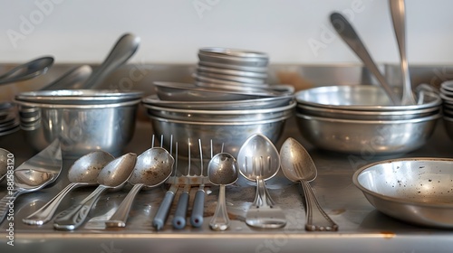 Metal cooking utensils on table. 