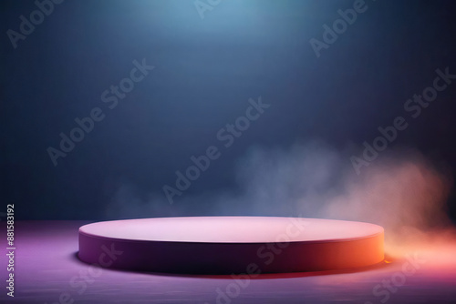 Futuristic empty stage with glowing lights and fog photo