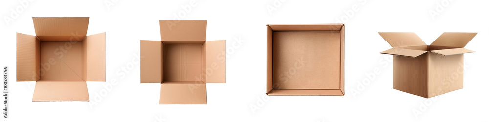 Fototapeta premium Four cardboard boxes in different stages of being opened and closed, showcasing packaging, shipping, and storage solutions isolated on a white background.