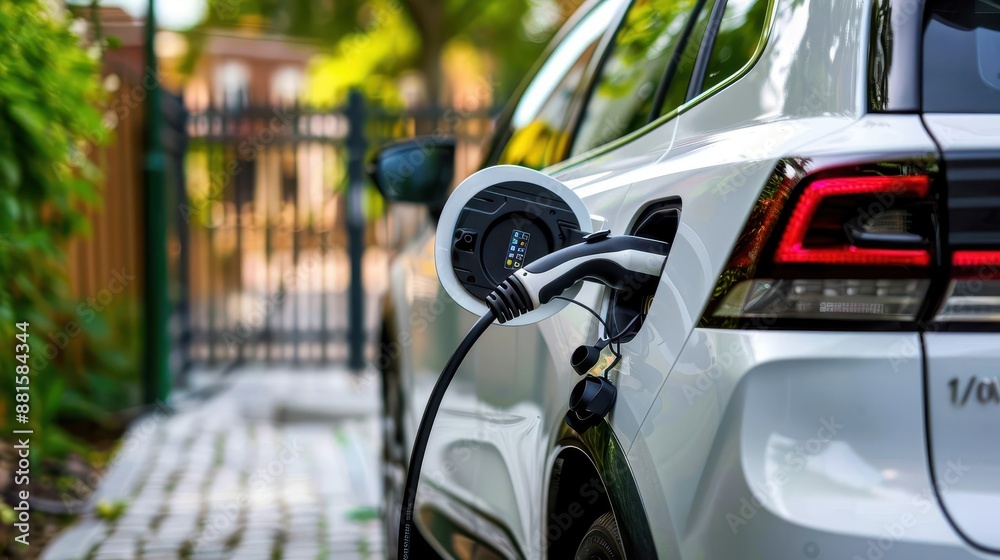 Close-up of an electric car charging at a station, showcasing sustainable and eco-friendly transportation technology in a residential area. Close-up of an electric car charging at a station, showcasing sustainable and eco-friendly transportation technology in a residential area.