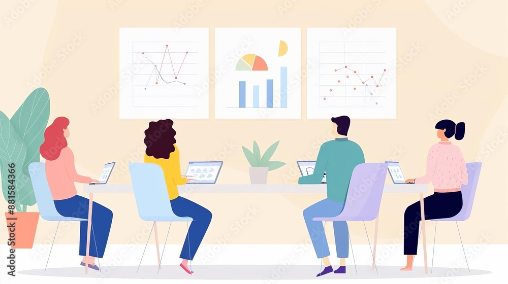 Business meeting with charts showing decreasing emissions, ecofriendly change, carbon footprint reduction
