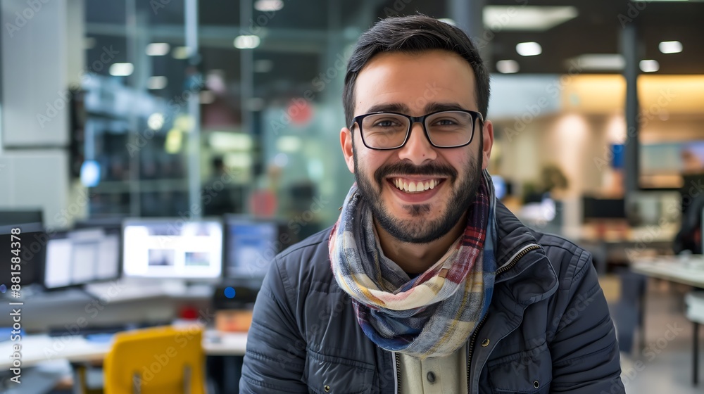 Male journalist in casual clothes smiling warmly in a newsroom with desks and computers, highlighting journalism dedication Male journalist in casual clothes smiling warmly in a newsroom with desks and computers, highlighting journalism dedication