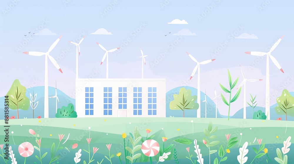 Wind farm in the background of a government building, ecofriendly regulation, renewable energy governance Wind farm in the background of a government building, ecofriendly regulation, renewable energy governance