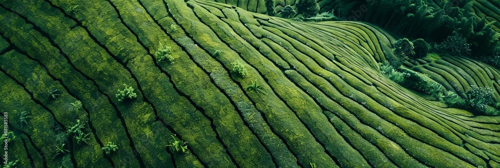 Fototapeta premium Tea field green plantation agriculture background top leaf farm landscape pattern drone. 