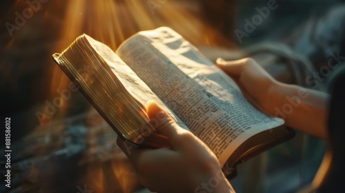 hands hold an open Bible, the sun's rays fall on the Bible.