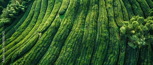 Tea field green plantation agriculture background top leaf farm landscape pattern drone. 